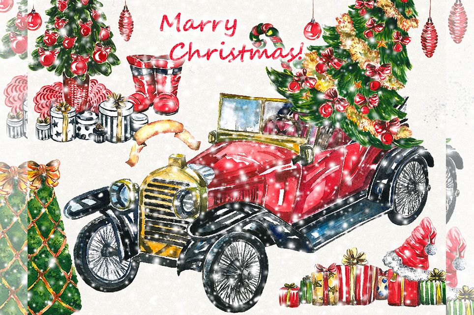 Christmas clipart, red car,retro car, old car clipart