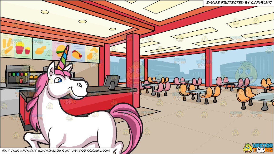 A Beautiful Unicorn and Inside A Fast Food Chain Restaurant Background