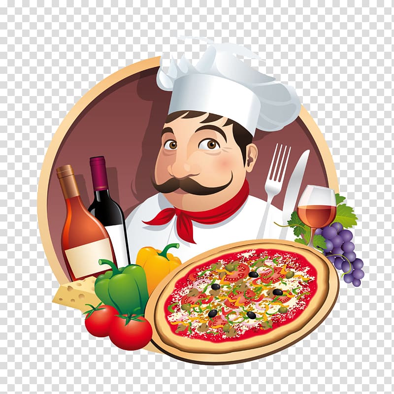 Chef with wine bottles and foods , Pizza Take