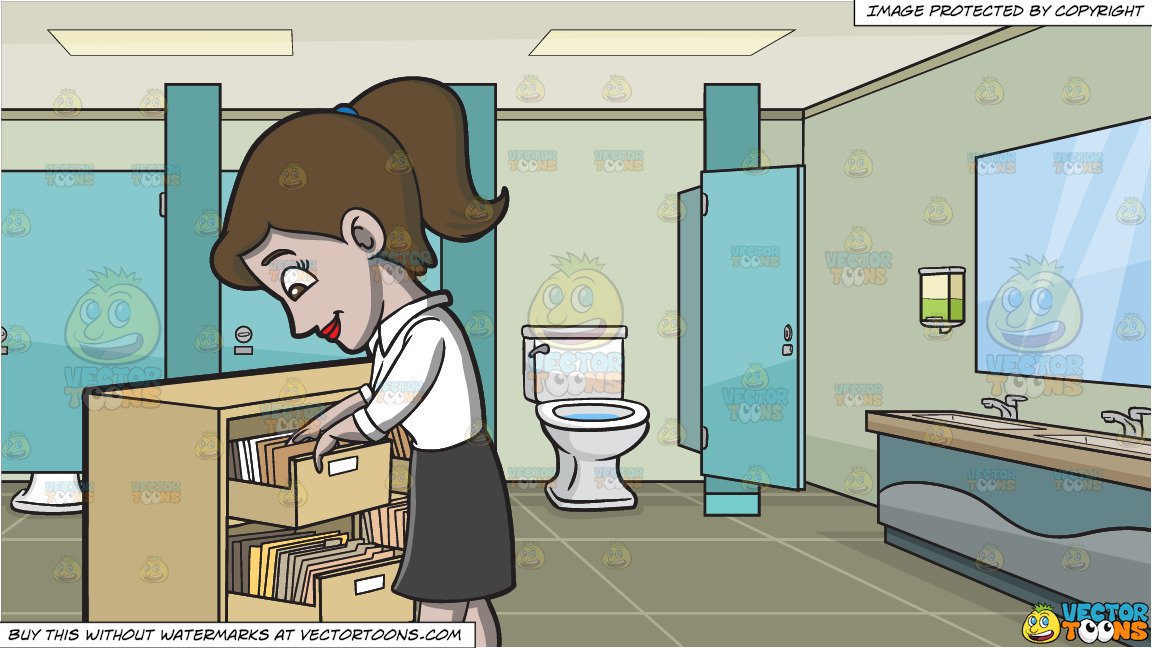 A Female Employee Looking For A File and A Public Bathroom With Cubicles  Background