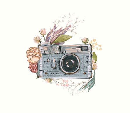Vintage retro photo camera in flowers