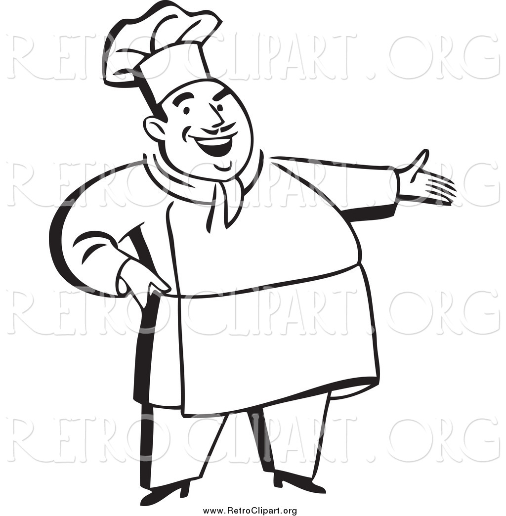 Clipart of a Retro Black and White Chubby Male Chef