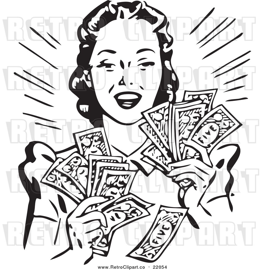 Vector Clipart of a Retro Woman Holding Handfulls of Cash