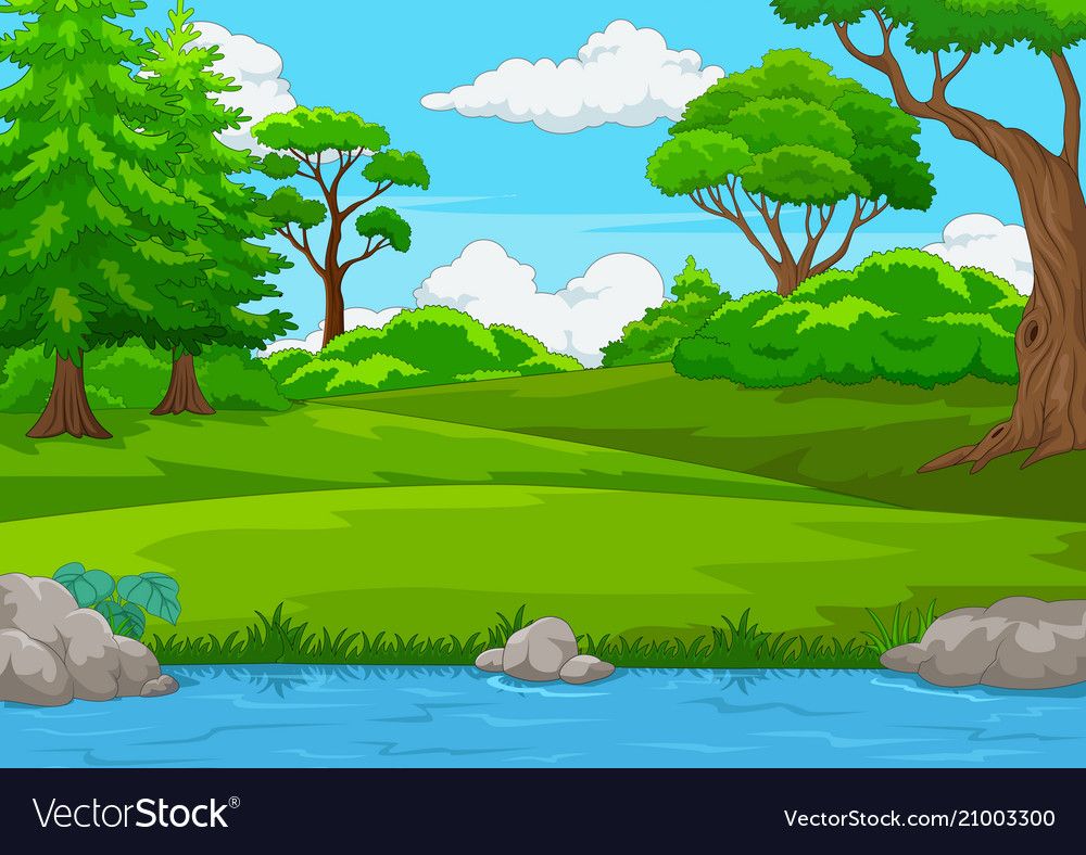 Forest scene with many trees and river Royalty Free Vector