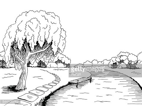 Park river willow tree graphic black white landscape sketch