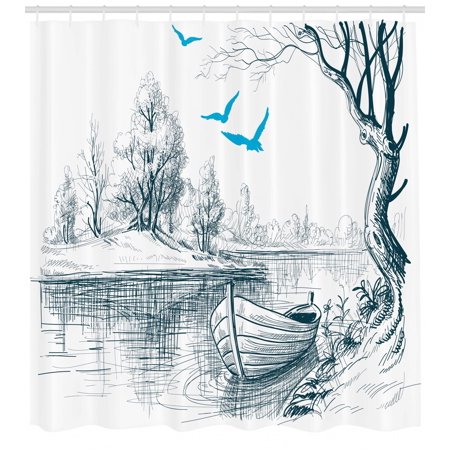 Landscape Shower Curtain, Boat on Calm River Trees Birds Twigs Sketch  Drawing Clipart Water Minimalist, Fabric Bathroom Set with Hooks, White  Gray