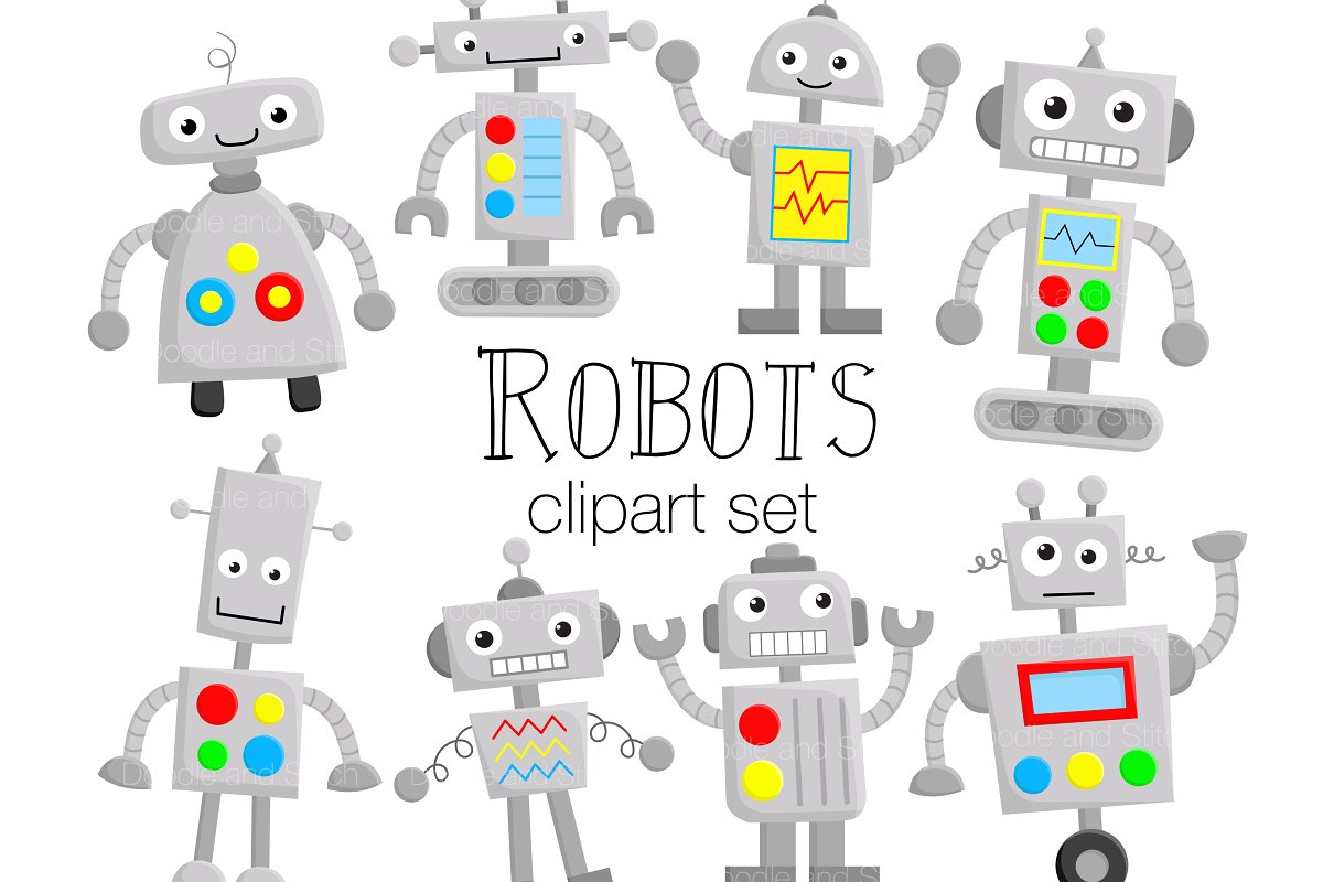 Cute Robots Clipart Illustrations