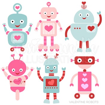 Valentine Robots Cute Digital Clipart, Valentine Clip Art