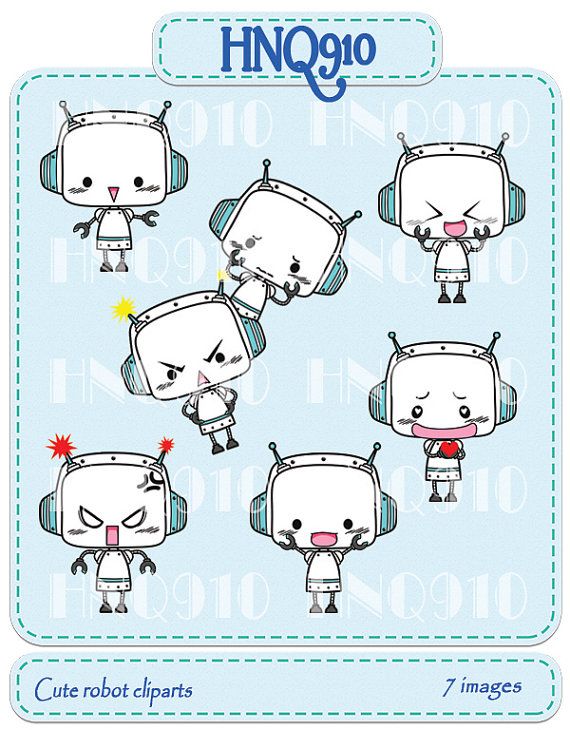 Kawaii white and blue Robot with cute emotions