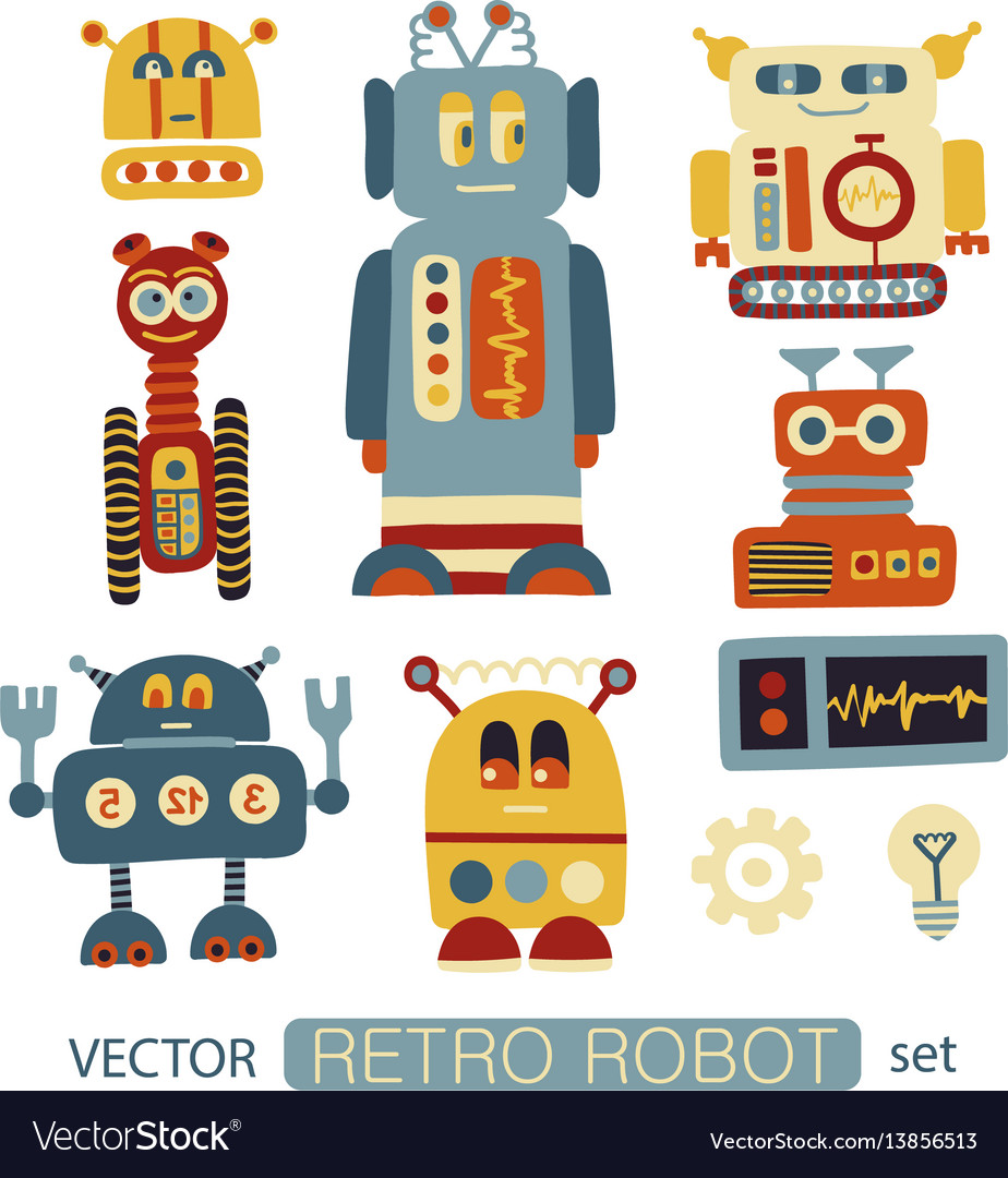 Colorful clipart set with retro robots