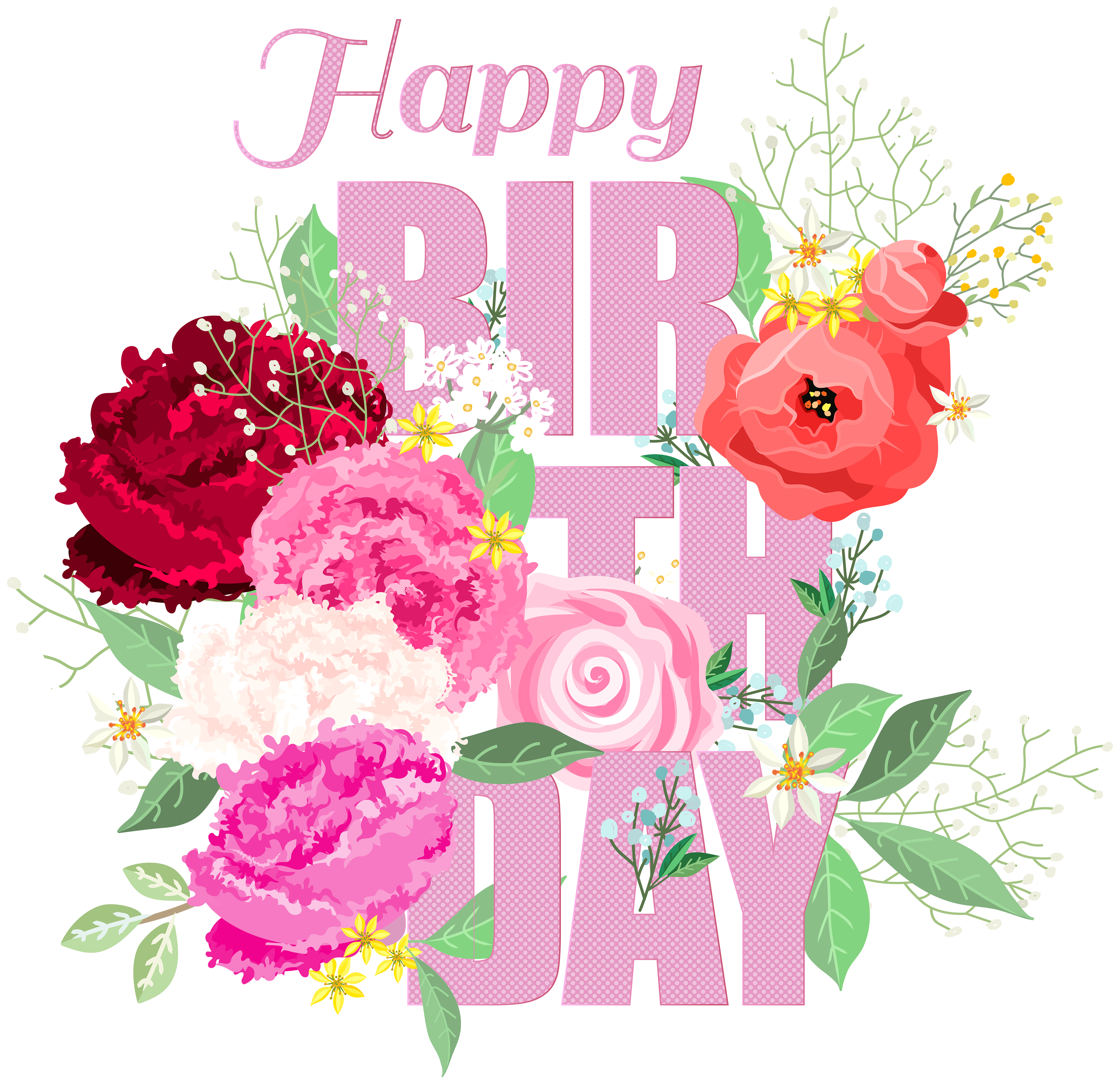 Happy Birthday with Flowers PNG Clip Art