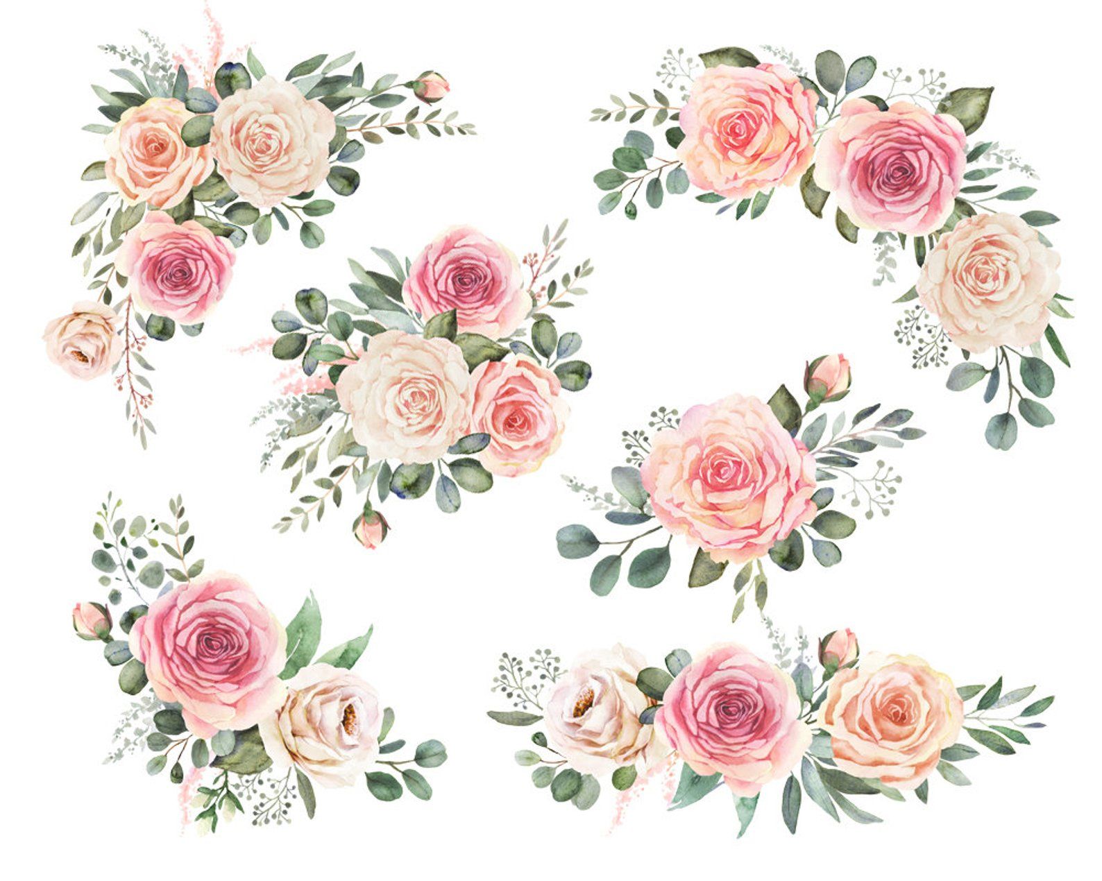 Elegant watercolor clipart with roses and eucalyptus
