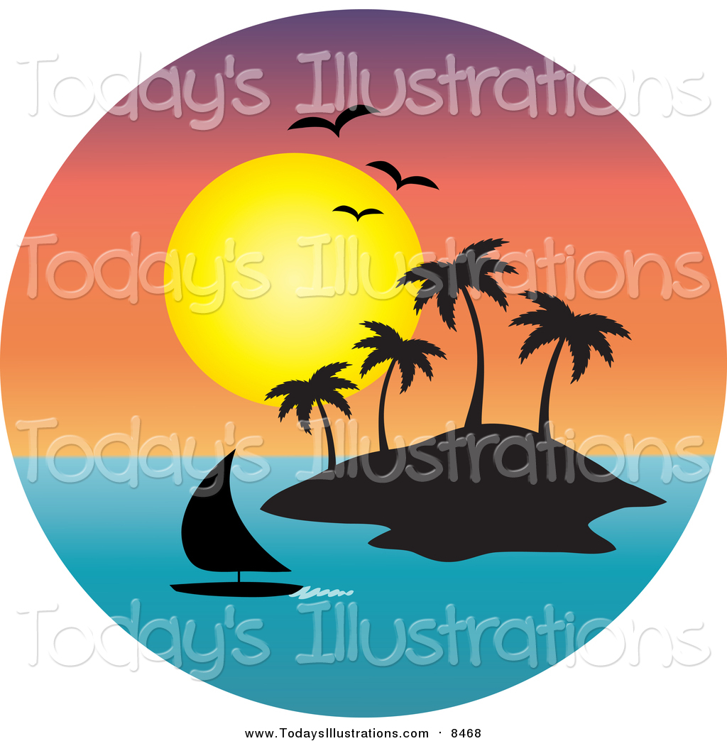 Clipart of Gulls and a Sunset over a Sailboat Silhouetted