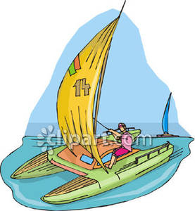 Person sailing catamaran.