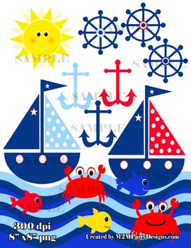 Sailboat Clipart, Boat Clip Art, Fish, Crab, Sailing Clipart, Summer Clip  Art