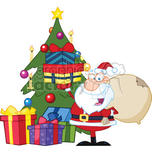 Royalty Free RF Clipart Illustration Jolly Santa Claus Holding Up A Stack  Of Gifts By A Christmas Tree clipart