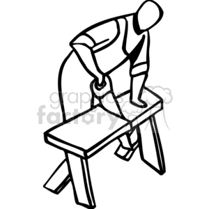 Black and White Man Using a Hand Saw to Cut a Piece of Wood clipart