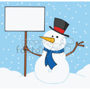 Snowman holding a sign wearing a blue scarf and a top hat clipart