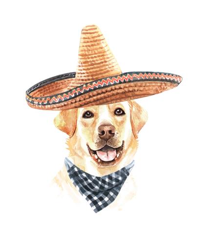 Watercolor Labrador Retriever with Mexican hat and Scarf
