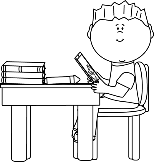Black and White Boy at School Desk with Tablet Clip Art