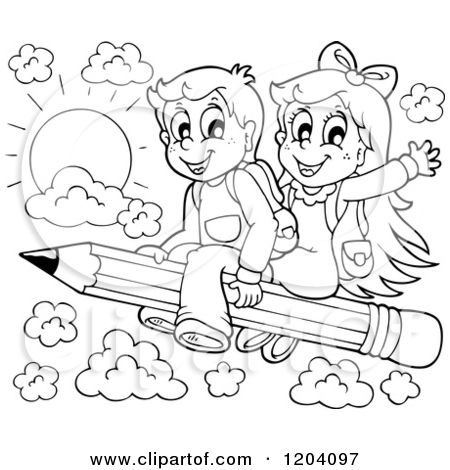 Cartoon of Black and White Happy School Children Flying on a