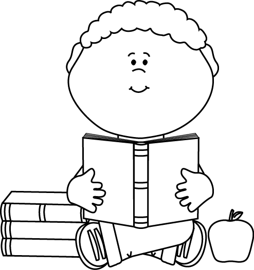 Black and White Little Boy Reading a School Book Clip Art