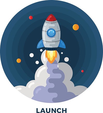 Flat Style Cartoon Rocket Launch in Space Illustration