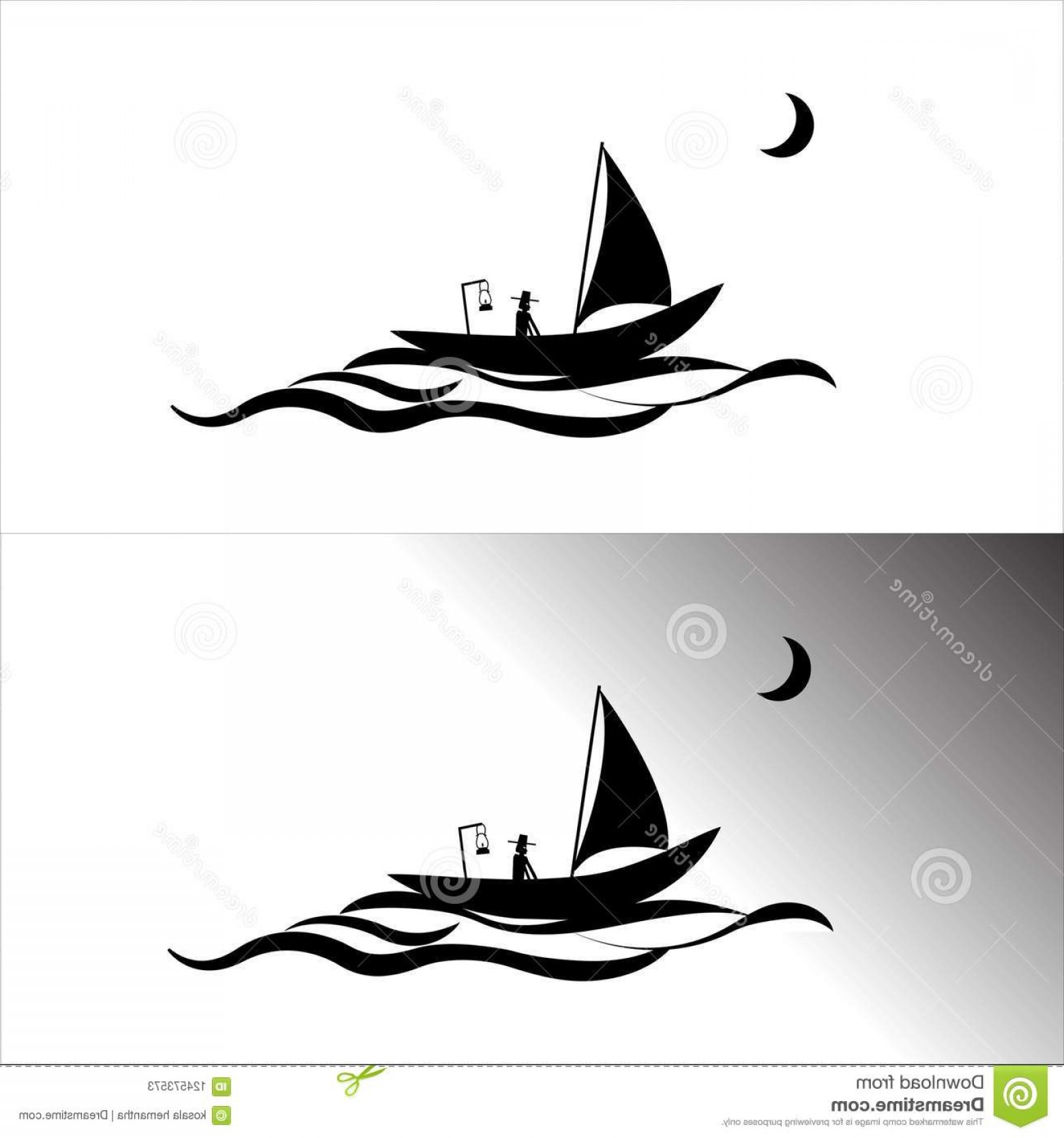 Fisherman Vector Illustrator Boat Black White Sea Clipart