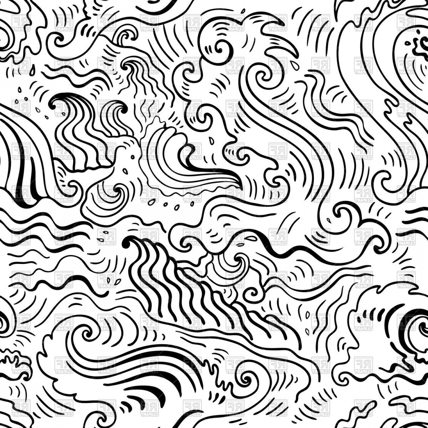 Sea Waves Hand Drawn Seamless Pattern Vector Clipart