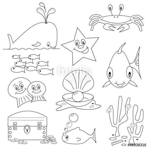 Selection of sea life clipart cartoons for colouring book