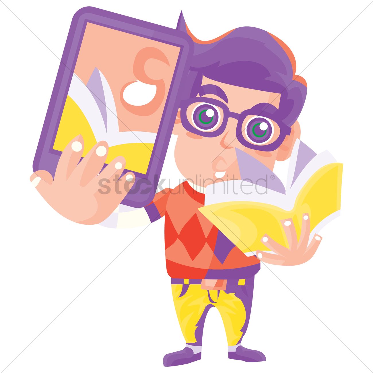 Boy taking selfie with book Vector Image