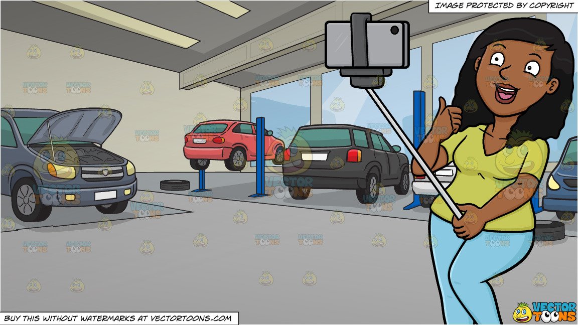 A Black Woman Using A Monopod To Take A Selfie and A Modern Car Service  Centre Background