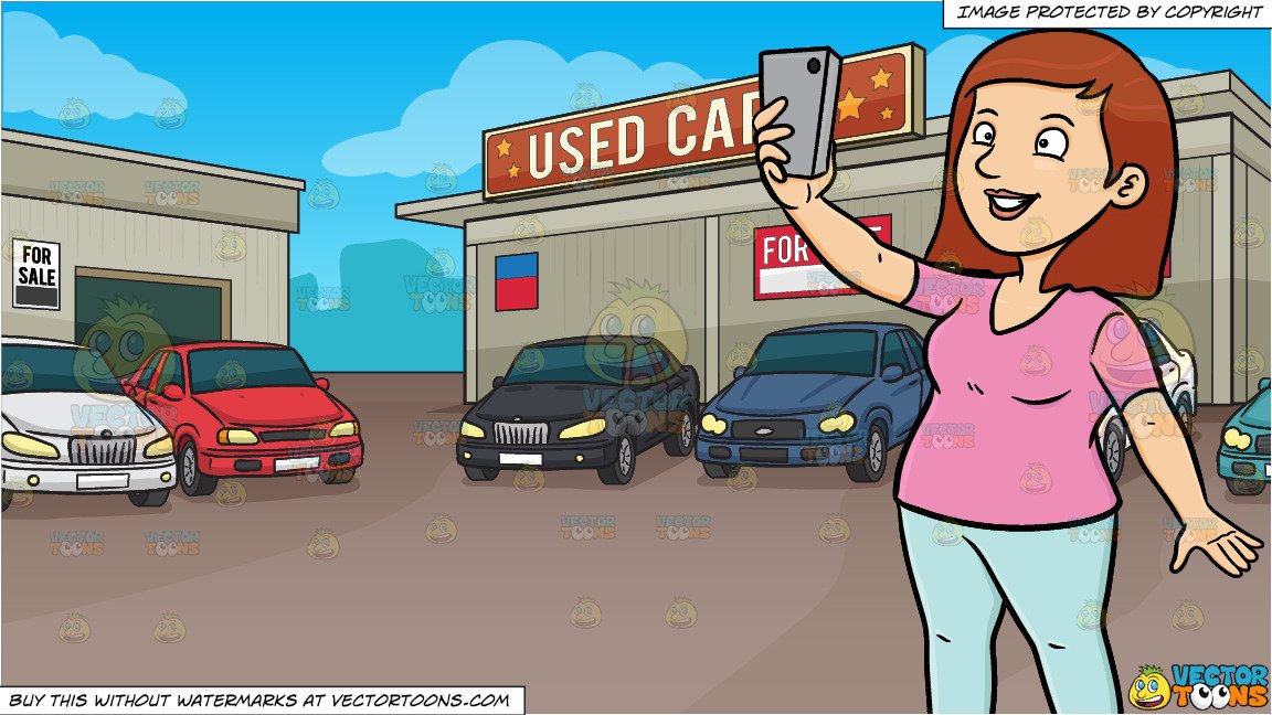 A Woman Smiles As She Takes A Selfie and Used Car Lot Background