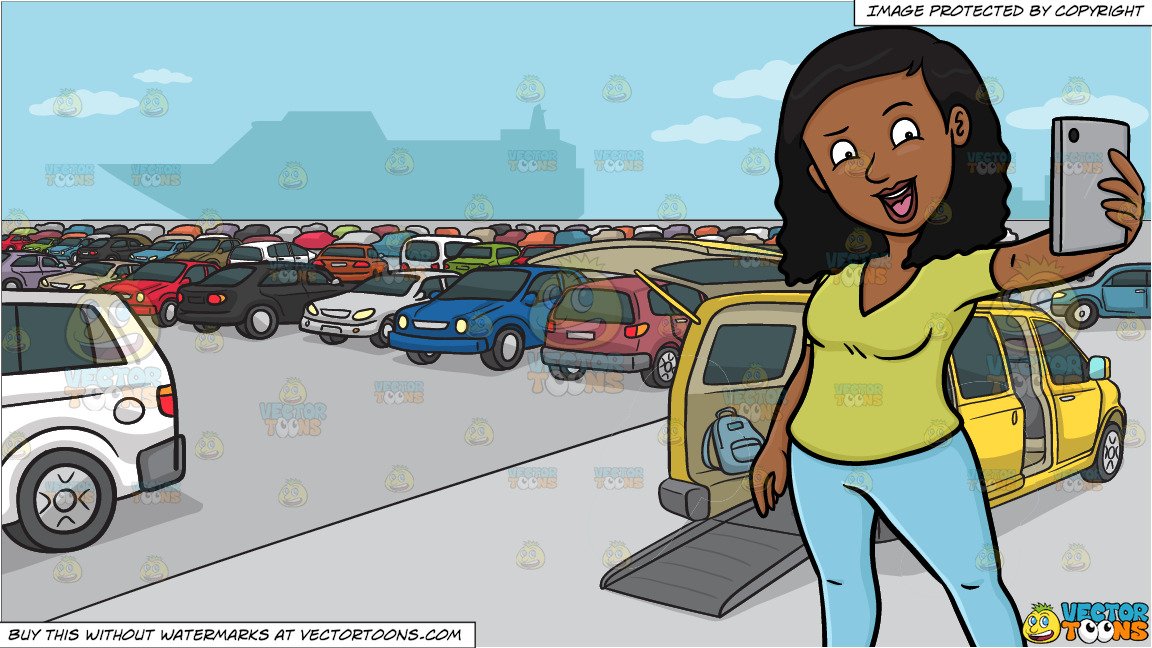 A Black Woman Enjoys Taking A Selfie and Outside The Sea Port Parking Lot  Background