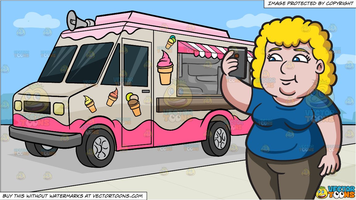 An Overweight Woman Taking A Selfie and An Ice Cream Truck Background