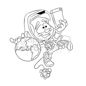 Astronaut taking a selfie in black and white clipart