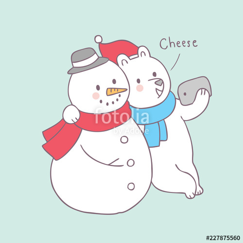 Cartoon cute Christmas polar bear and snowman selfie vector