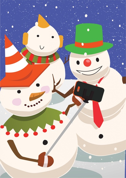 Christmas background design with snowmen taking selfie Free