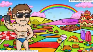 A Man Taking A Summer Selfie and A Candy Land Background