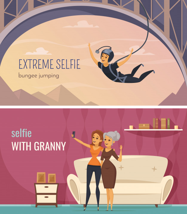 Selfie horizontal banners set with extreme and family selfie