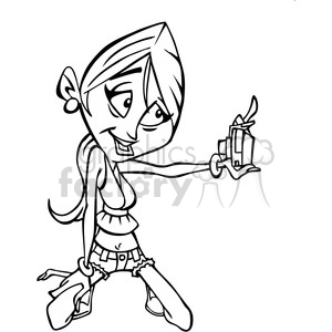 Cartoon girl taking a selfie in black and white clipart