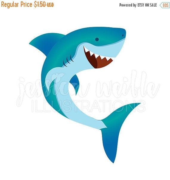 Happy Shark Cute Digital Clipart, Cute Shark Clip art, Shark