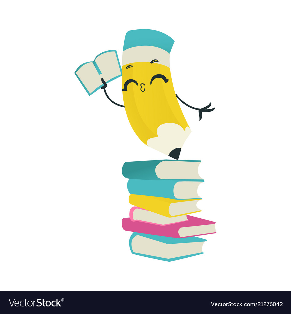 Cute pencil cartoon character with book stand on