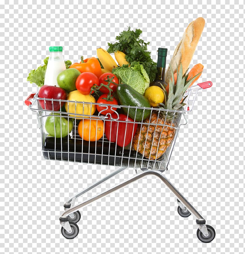 Gray shopping cart filled with fruits and vegetables