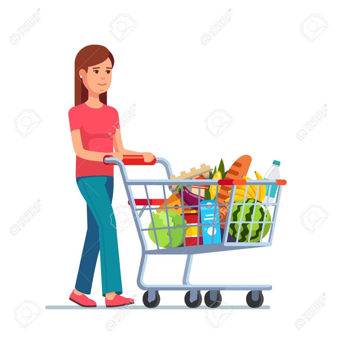 Young woman pushing supermarket shopping cart