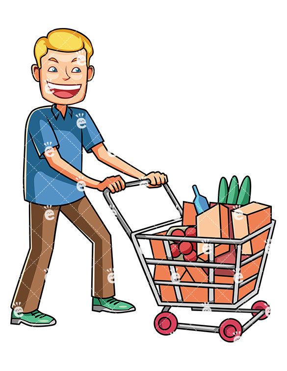 A Man Pushing A Shopping Cart Full Of Groceries