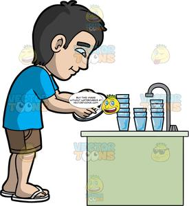 A Dad Washes The Dishes After Dinner