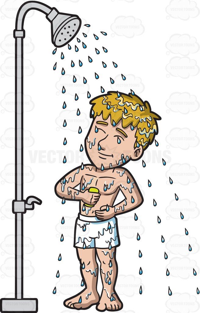 A contented and happy man taking a shower