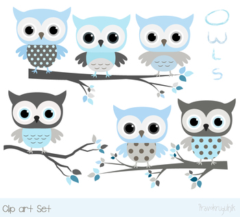 Cute blue gray owls clipart with tree branches, Baby shower boy animal clip  art
