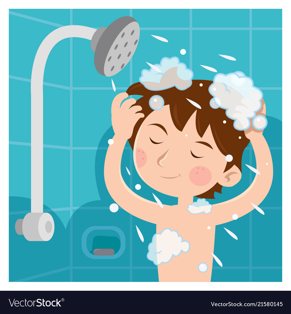 A child taking shower and he wash head with